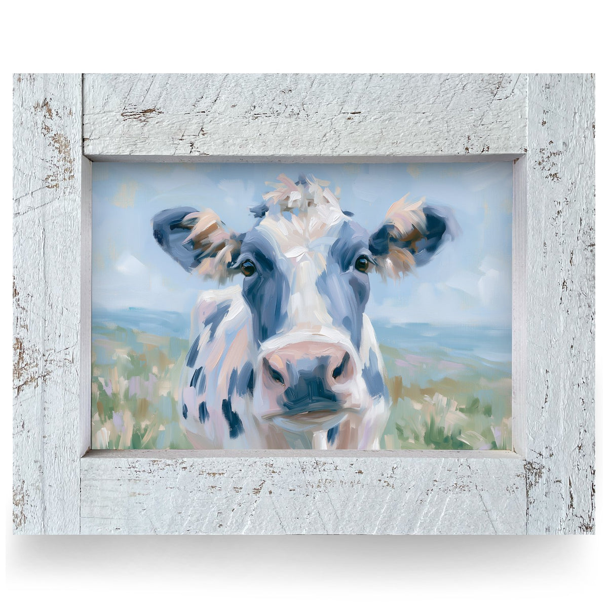 Soft Blue Farmhouse Cow | Real Wood Framed Wall Art Print