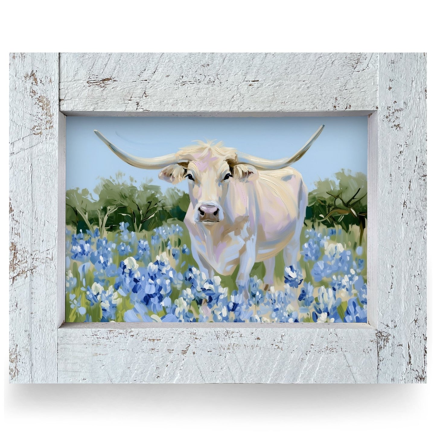 Longhorn In Bluebonnets | Real Wood Framed Wall Art Print