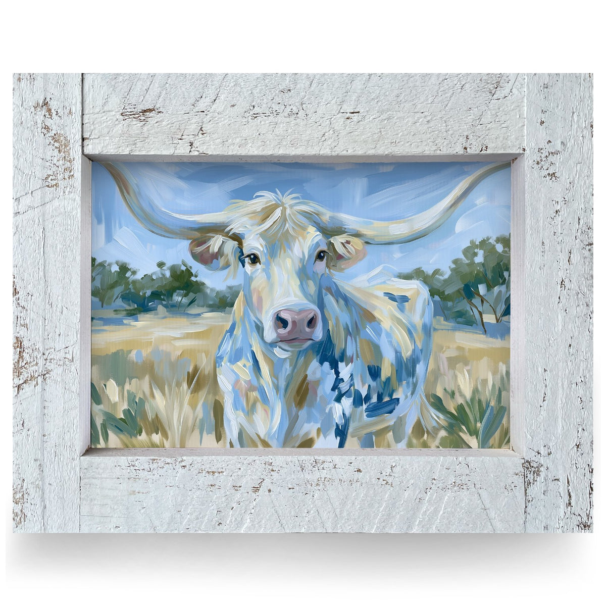 Denim Blue Longhorn | Real Wood Framed Wall Art Print