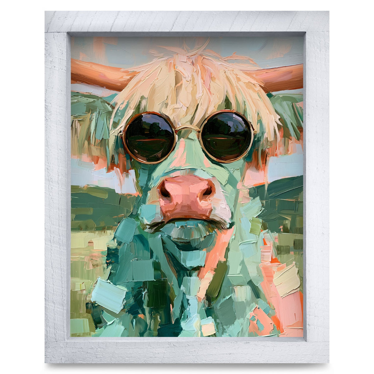 Highland Cow in Sunglasses | Real Wood Framed Wall Art Print