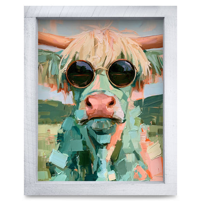 Highland Cow in Sunglasses | Real Wood Framed Wall Art Print
