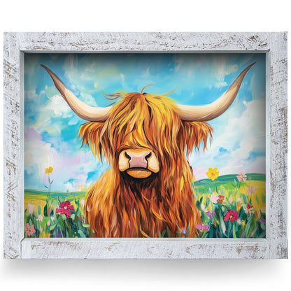 Highland Cow Wildflowers | Real Wood Framed Wall Art Print