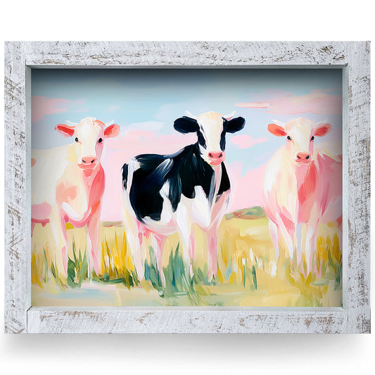 Cow Trio | Real Wood Framed Wall Art Print | Horizontal