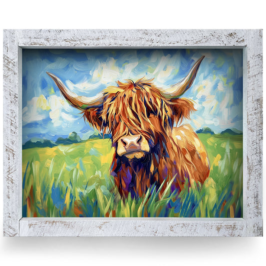 Curious Highland Cow | Real Wood Framed Wall Art Print