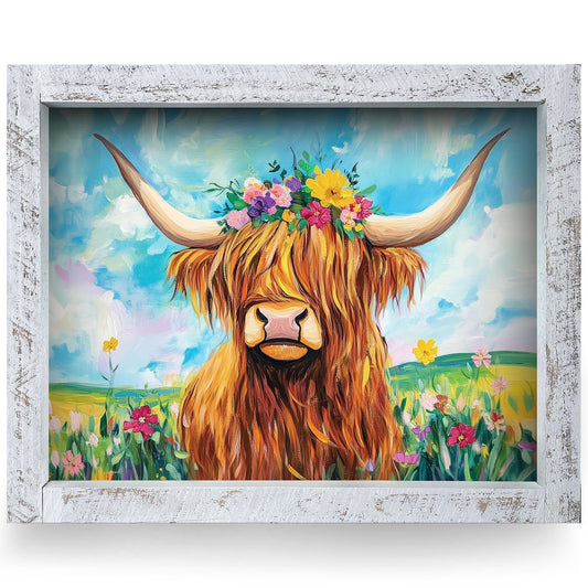Flower Crown Highland Cow | Real Wood Framed Wall Art Print
