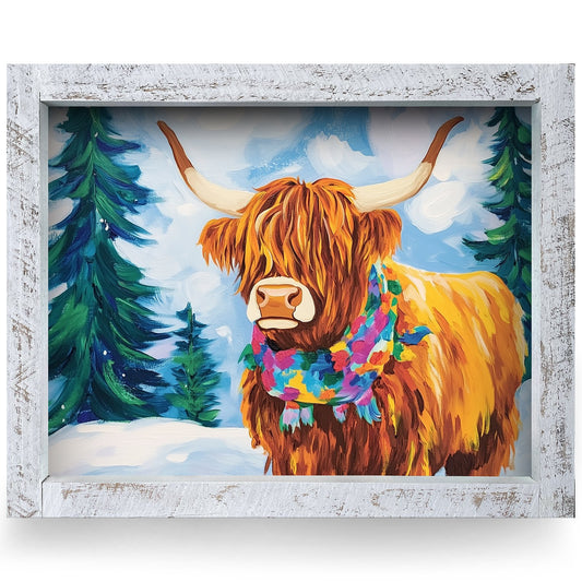 Cozy Scarf Highland Cow | Real Wood Framed Wall Art Print