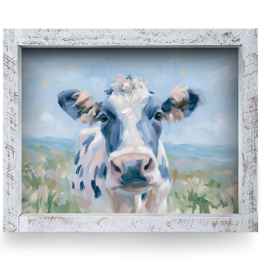 Soft Blue Farmhouse Cow | Real Wood Framed Wall Art Print