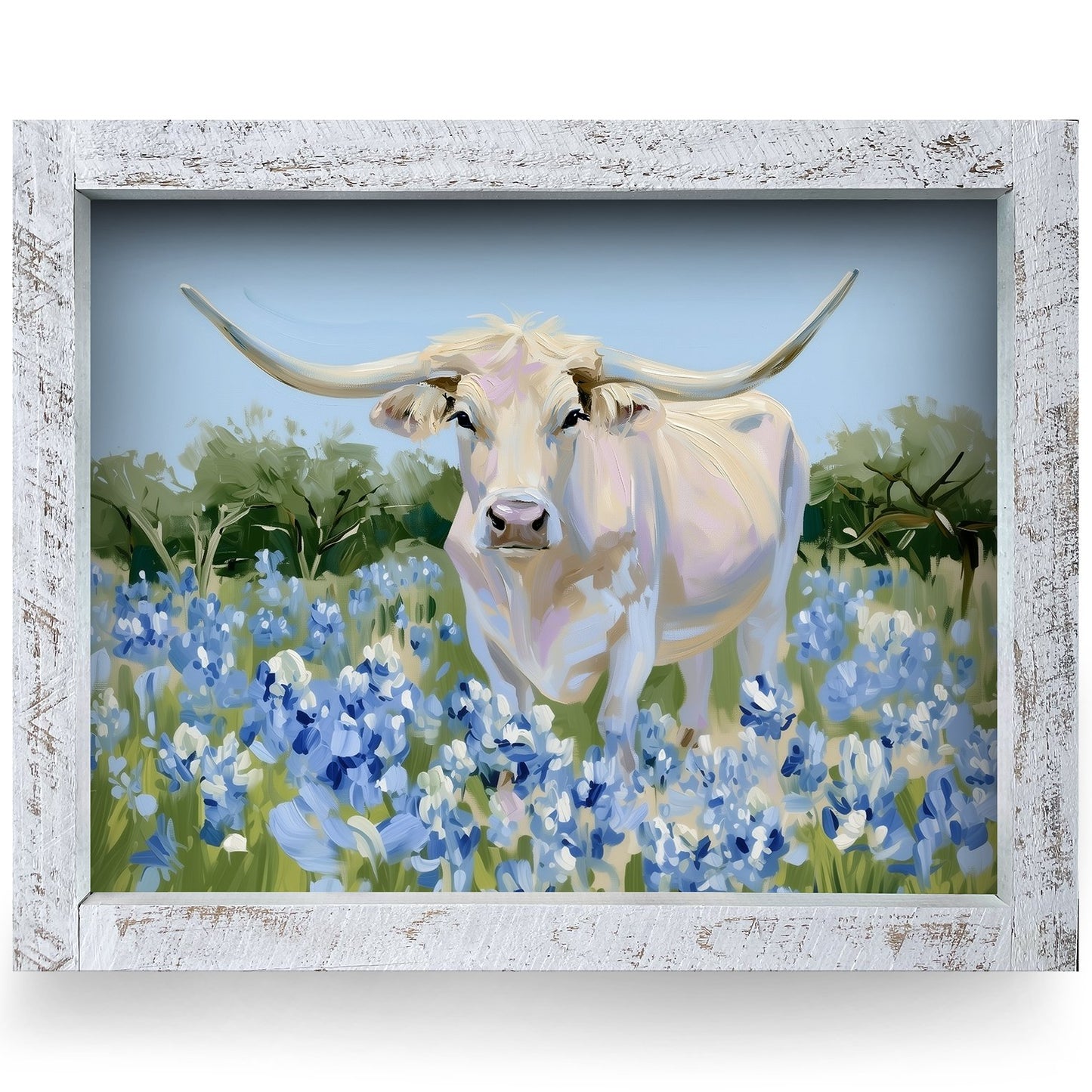 Longhorn In Bluebonnets | Real Wood Framed Wall Art Print