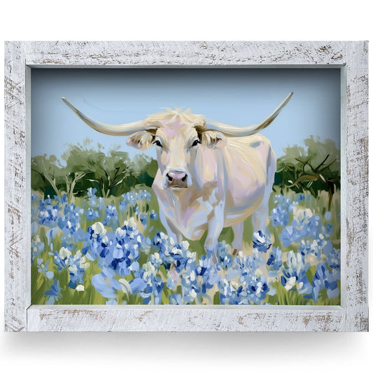 Longhorn In Bluebonnets | Real Wood Framed Wall Art Print
