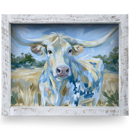 Denim Blue Longhorn | Real Wood Framed Wall Art Print