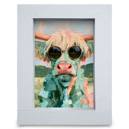 Highland Cow in Sunglasses | Real Wood Framed Wall Art Print