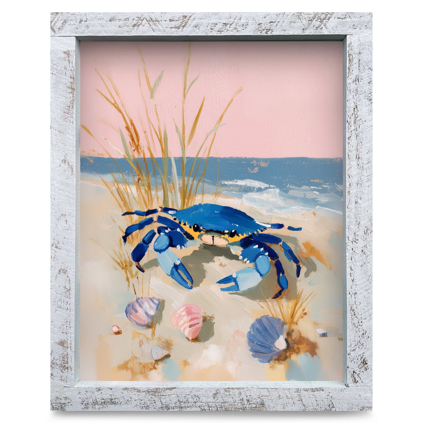 Blue Crab Pink Sky | Real Wood Framed Wall Art Print