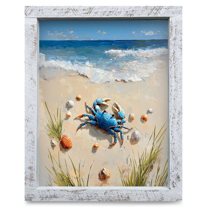 Blue Crab Beach Waves | Real Wood Framed Wall Art Print