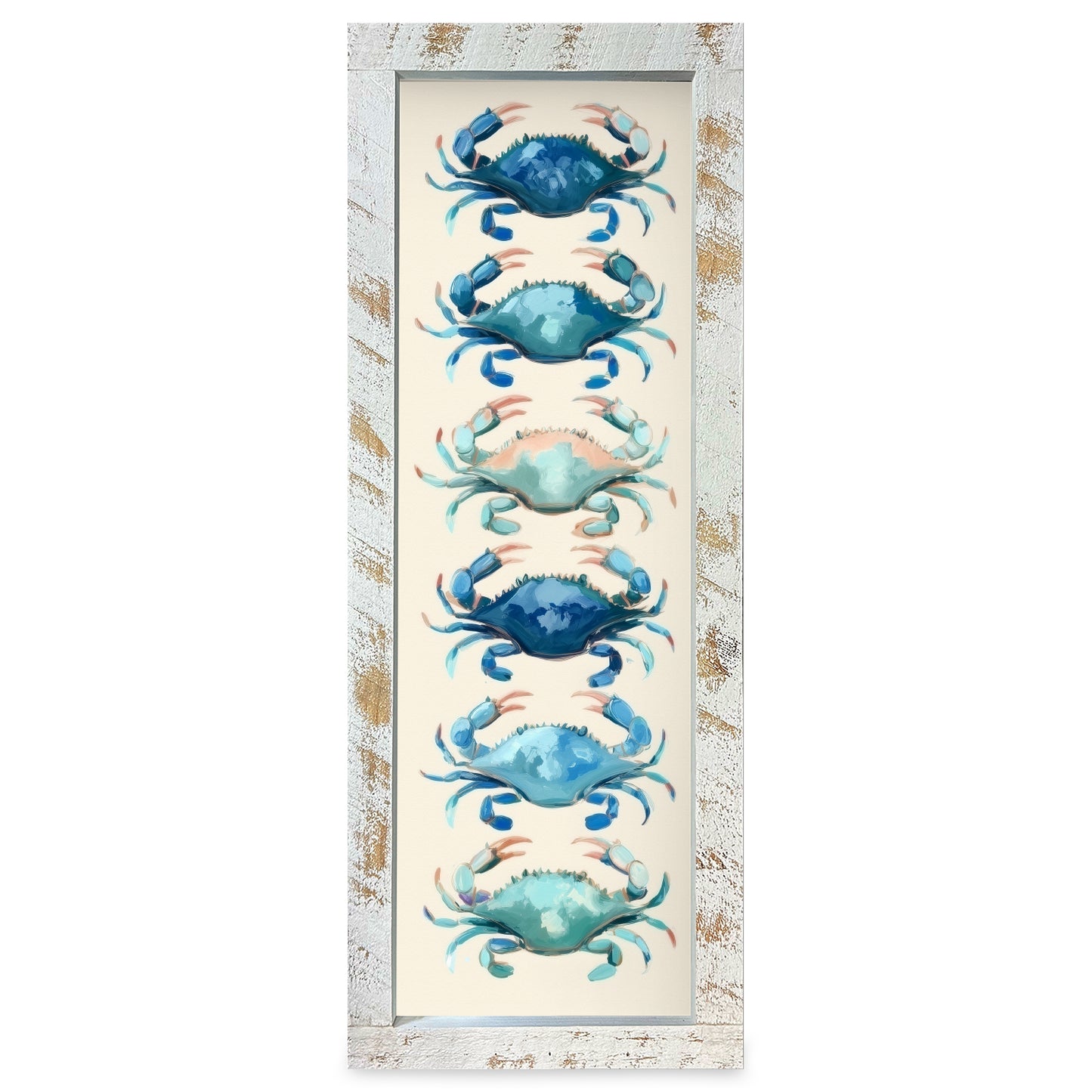 Cute Blue Crab Stack | Real Wood Framed Wall Art Print | Skinny