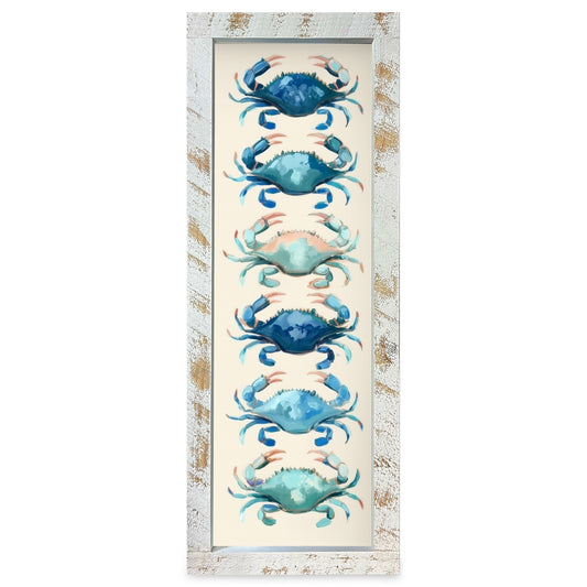 Cute Blue Crab Stack | Real Wood Framed Wall Art Print | Skinny
