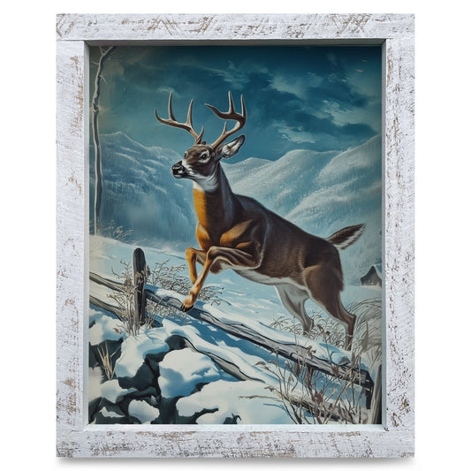 Winter Leaping Buck | Real Wood Framed Wall Art Print