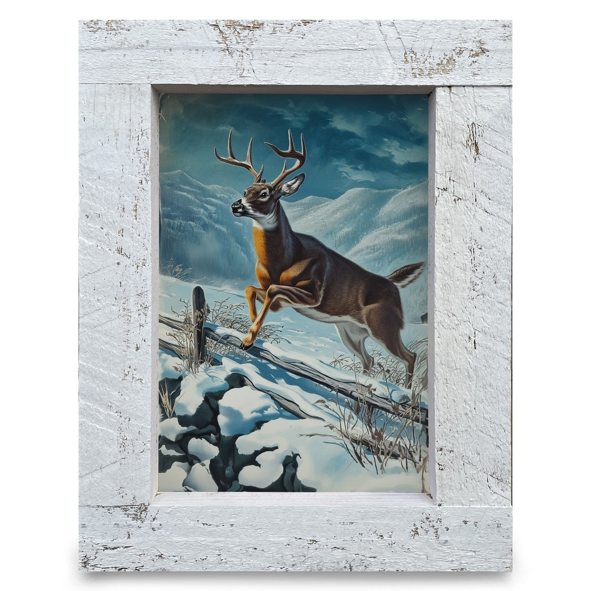 Winter Leaping Buck | Real Wood Framed Wall Art Print