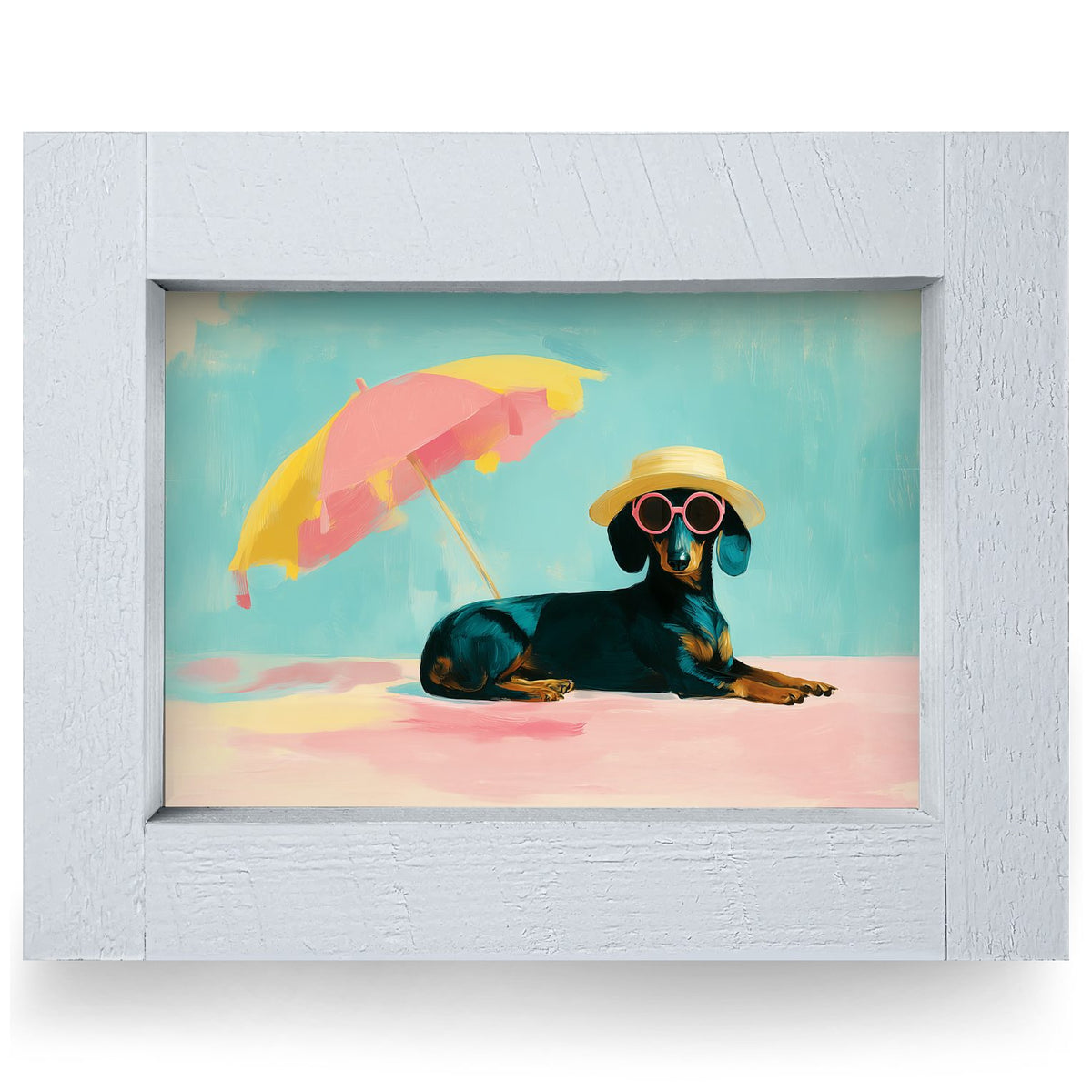 Sunbathing Dachshund | Real Wood Framed Wall Art Print | Horizontal