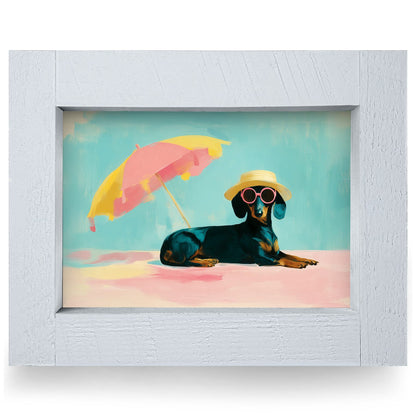 Sunbathing Dachshund | Real Wood Framed Wall Art Print | Horizontal