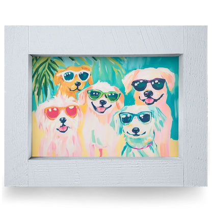 Sunny Dog Squad | Real Wood Framed Wall Art Print | Horizontal