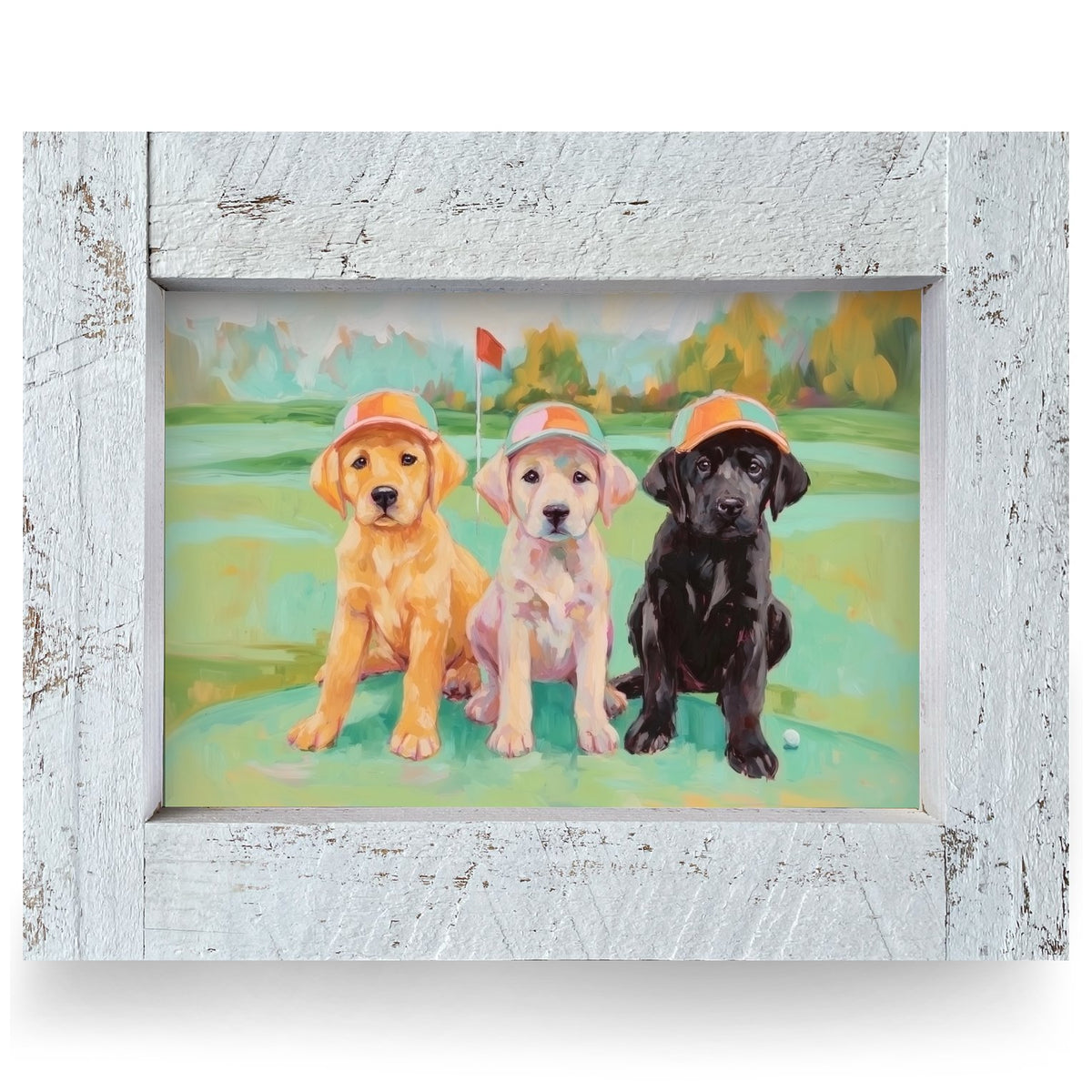 Golf Course Lab Puppies | Real Wood Framed Wall Art Print