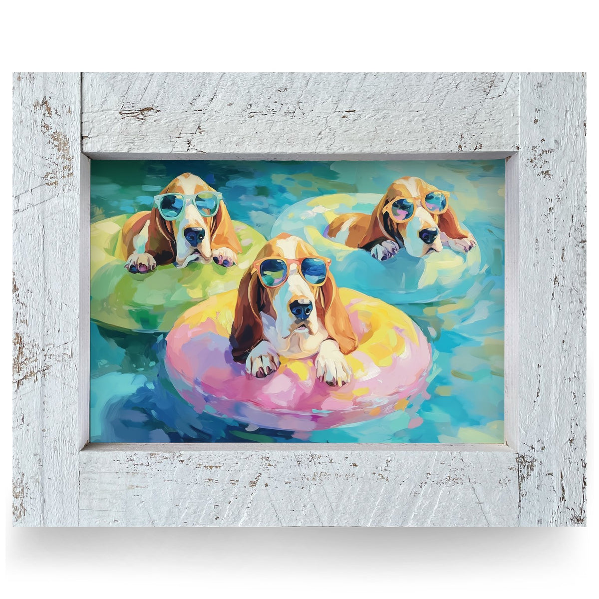 Pool Party Bassets | Real Wood Framed Wall Art Print