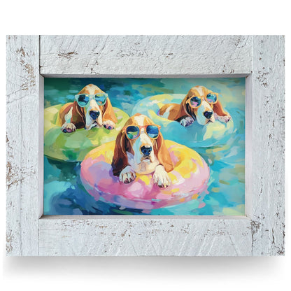 Pool Party Bassets | Real Wood Framed Wall Art Print