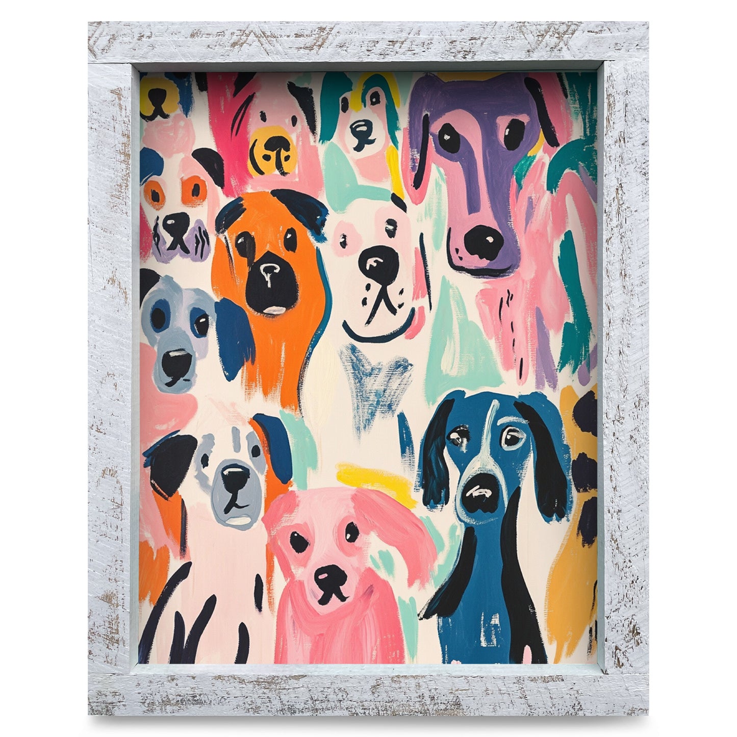 Cute Whimsy Dogs | Real Wood Framed Wall Art Print