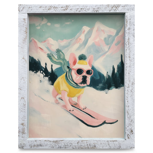 French Bulldog Shredding Slopes | Real Wood Framed Wall Art Print