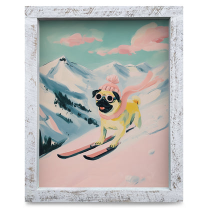 Winter Pug Shredding Slopes | Real Wood Framed Wall Art Print
