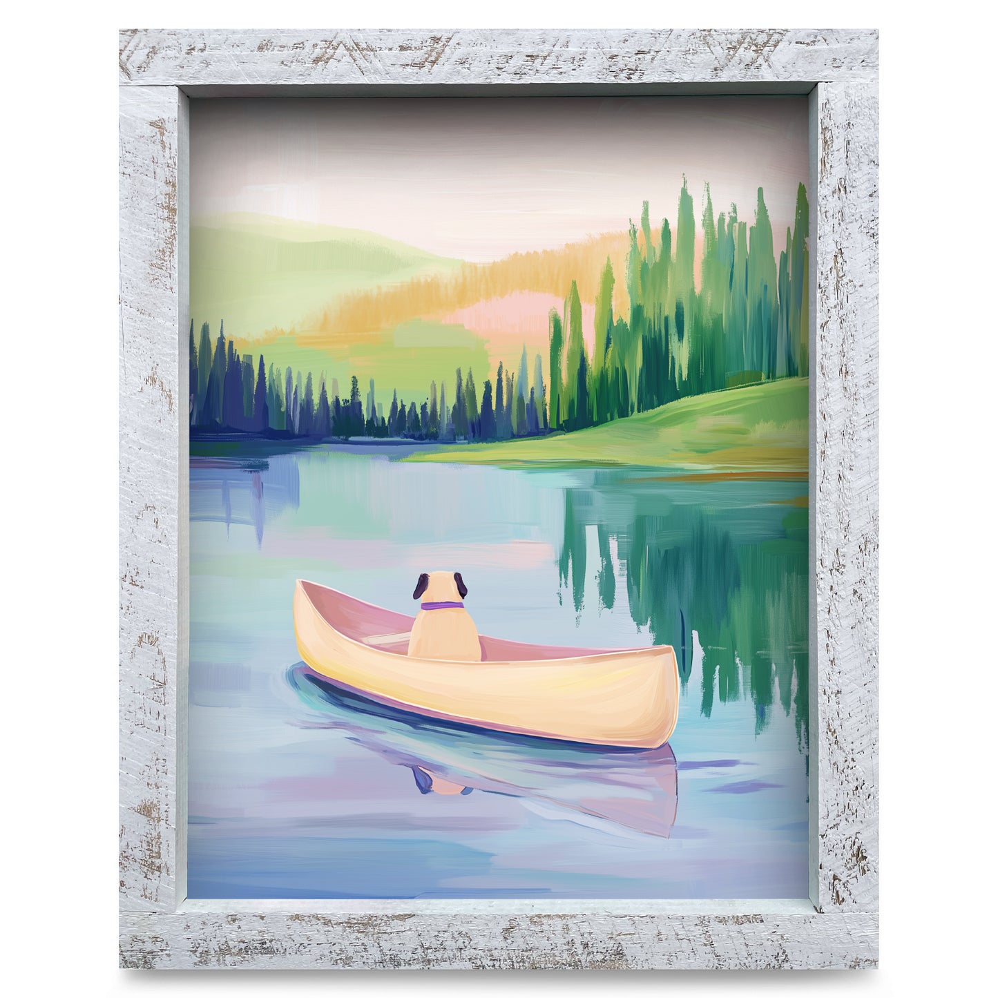 Cute Pug Lake Boat | Real Wood Framed Wall Art Print