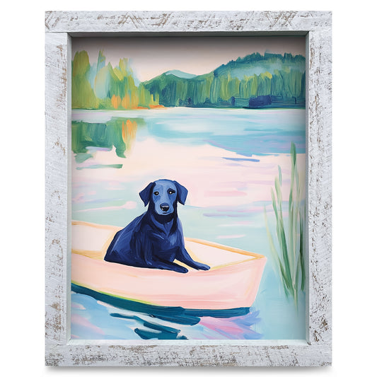 Cute Black Lab Lake Boat | Real Wood Framed Wall Art Print