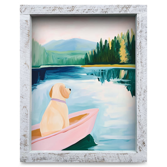 Cute Dog Lake Boat | Real Wood Framed Wall Art Print