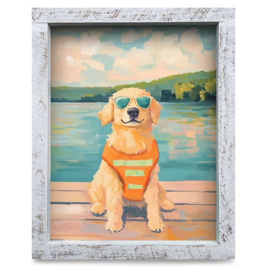 Cool Golden Retriever Lake Dock  | Real Wood Framed Wall Art Print