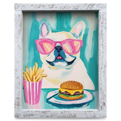 French Bulldog Burger | Real Wood Framed Wall Art Print