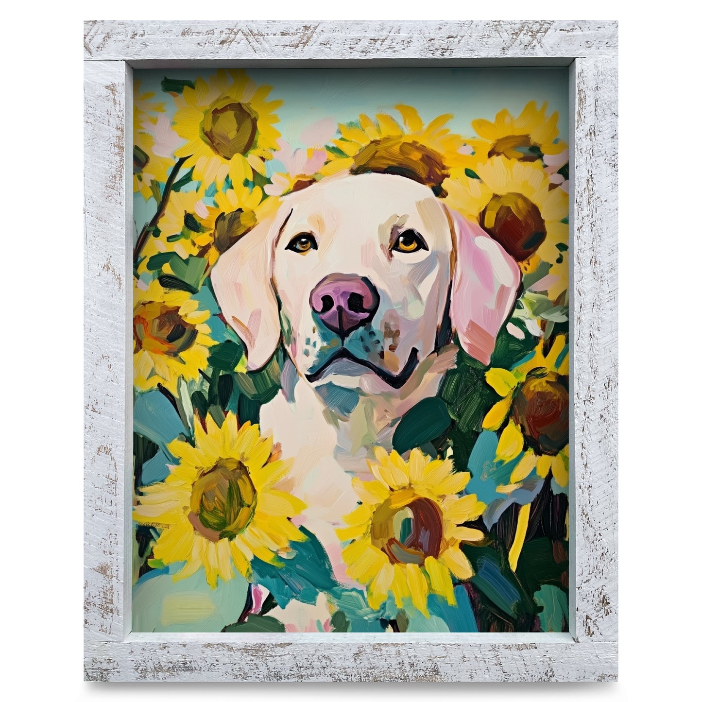 Yellow Lab Sunflowers | Real Wood Framed Wall Art Print