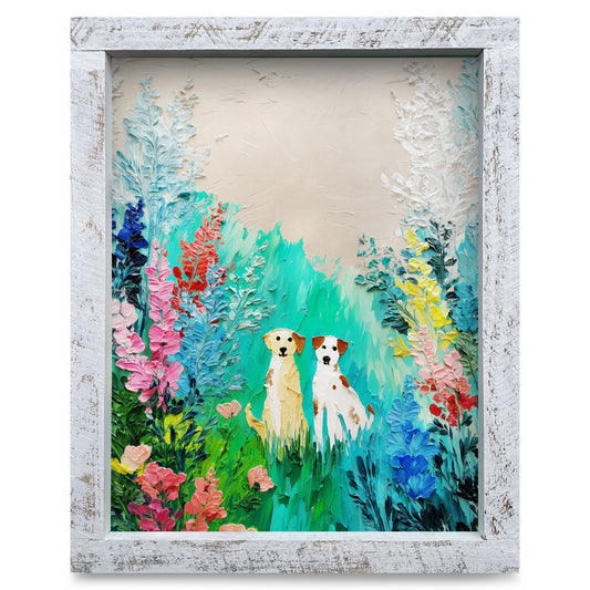 Impasto Wildflower Dogs | Real Wood Framed Wall Art Print