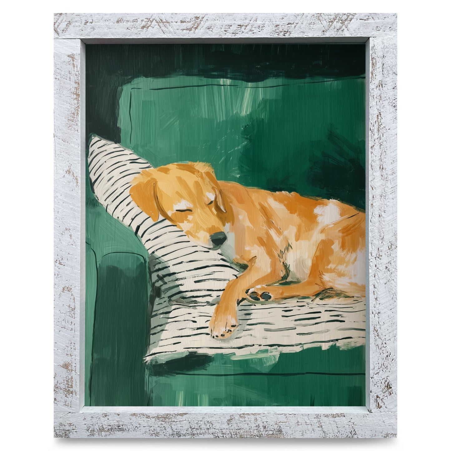 Deep Green Dog Nap | Real Wood Framed Wall Art Print