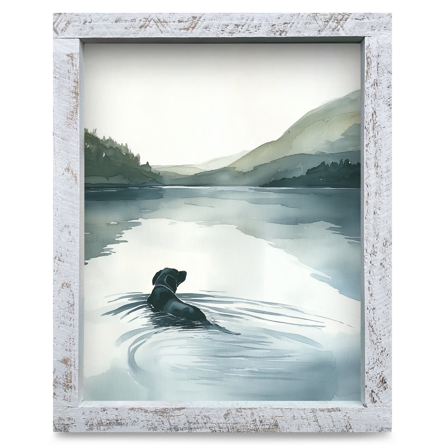 Watercolor Black Lab Lake Swim  | Real Wood Framed Wall Art Print