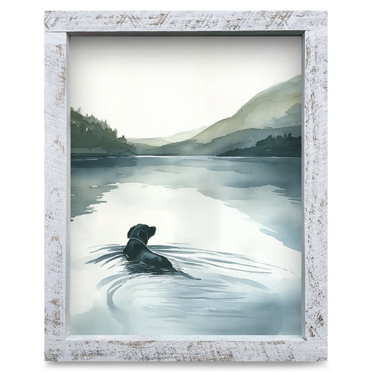 Watercolor Black Lab Lake Swim  | Real Wood Framed Wall Art Print