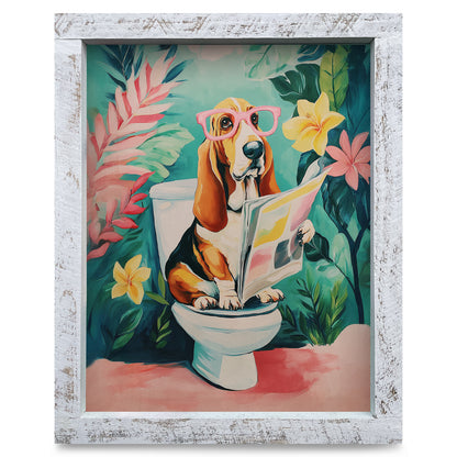 Bathroom Basset Hound | Real Wood Framed Wall Art Print