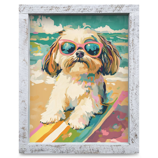 Beach Day Shih Tzu | Real Wood Framed Wall Art Print
