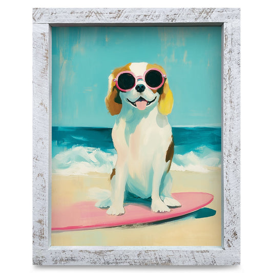 Sunny Surfing Spaniel | Real Wood Framed Wall Art Print
