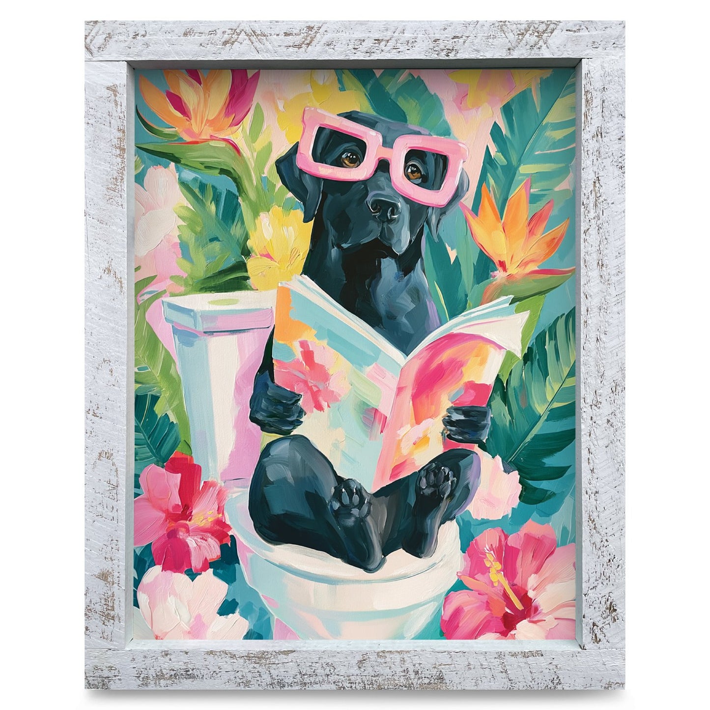 Tropical Black Lab Reading | Real Wood Framed Wall Art Print