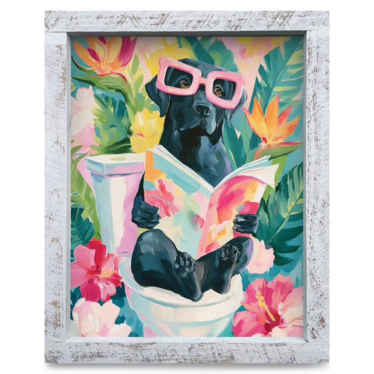 Tropical Black Lab Reading | Real Wood Framed Wall Art Print