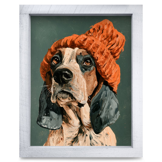 Basset Hound In Orange Beanie real wood framed print, second size