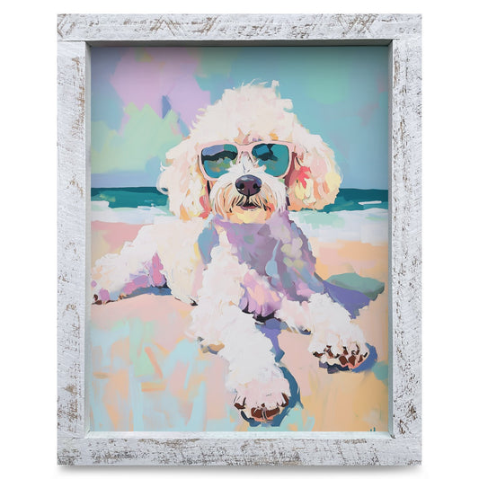 Pastel Beach Poodle | Real Wood Framed Wall Art Print