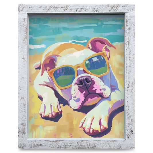 Beach Bum Bulldog | Real Wood Framed Wall Art Print