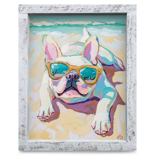 Beach Day Frenchie | Real Wood Framed Wall Art Print