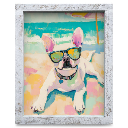 Seaside Frenchie | Real Wood Framed Wall Art Print